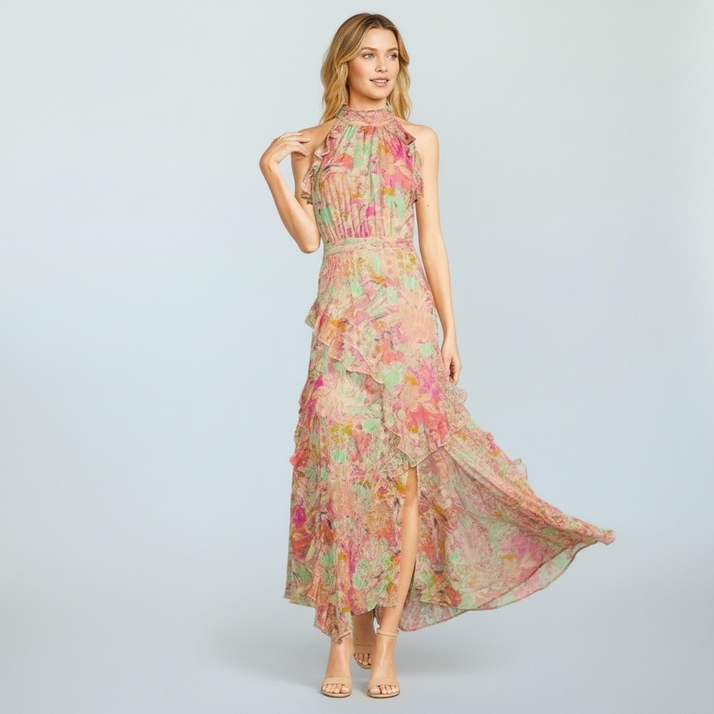ALEX MARIE Fiona Halter Floral Asymmetric Hem Ruffled Maxi Dress Size 20W NEW